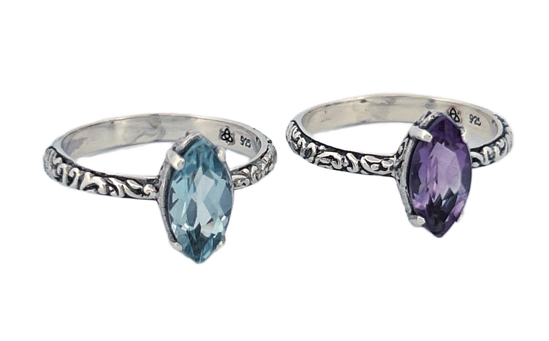 Sterling Silver Gemstone Ring – Marquise Cut Amethyst or Blue Topaz
