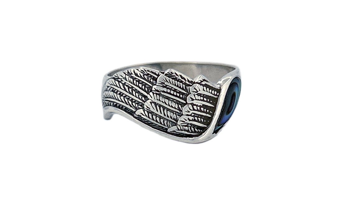 Sterling Silver Abalone Shell Ring – Peacock Feather Design