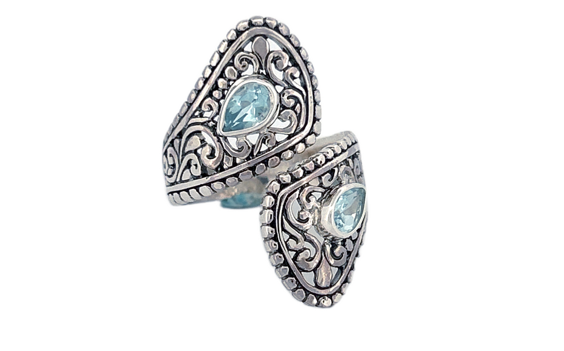 Sterling Silver Blue Topaz Ring – Dual Pear shape Filigree Design