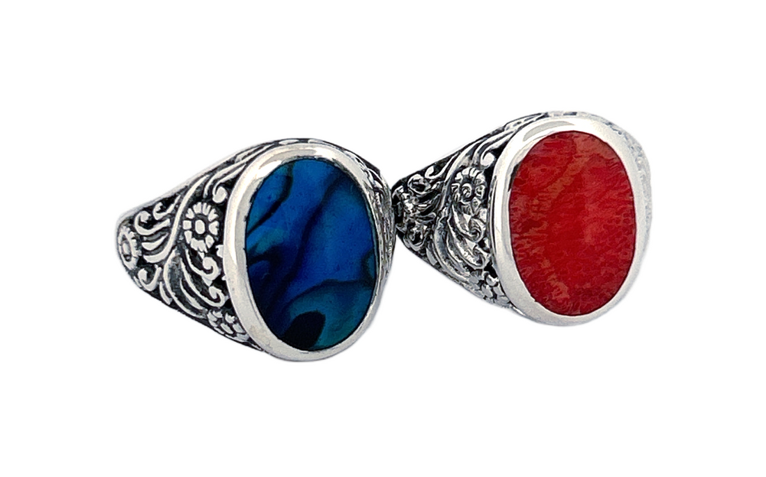 Sterling Silver Gemstone Rings – Abalone Shell & Coral