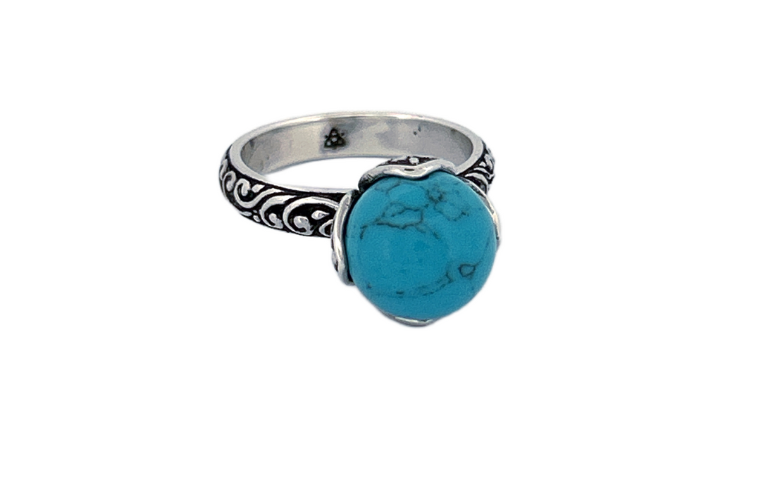 Sterling Silver Turquoise Ring – Ornate Vine Design