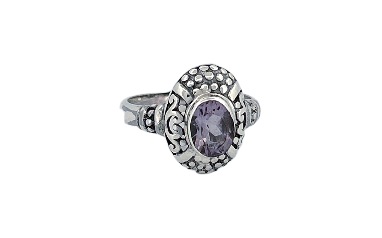 Sterling Silver Amethyst Ring – Ornate Oval Design