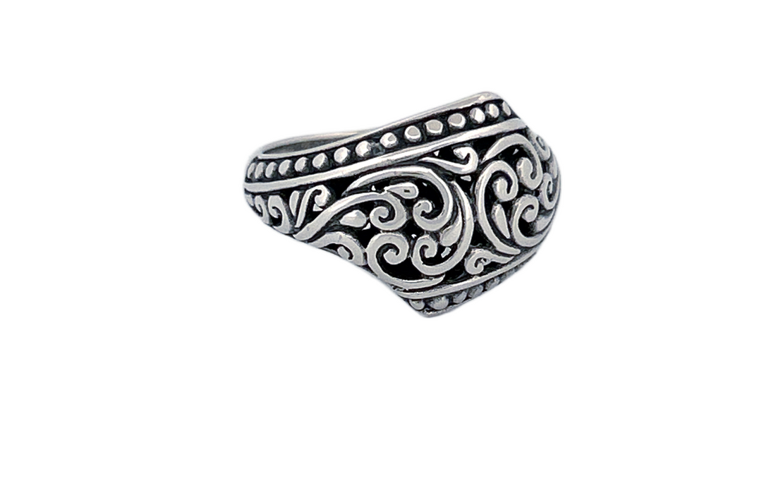 Sterling Silver Ornate Shield Ring – Swirl Design