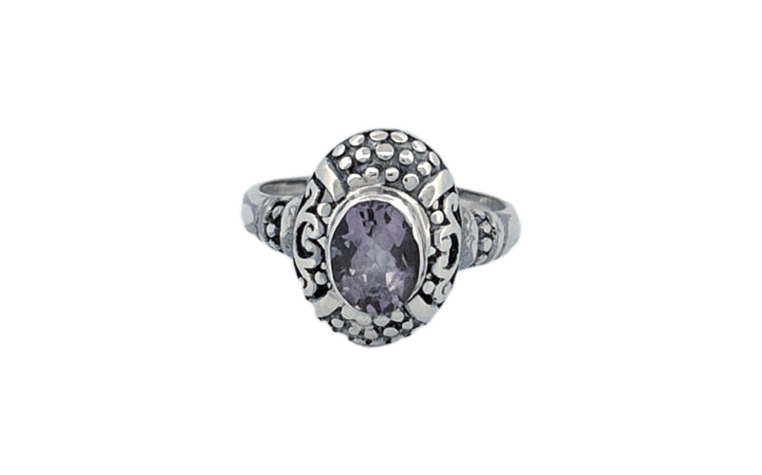 Sterling Silver Amethyst Ring – Ornate Oval Design