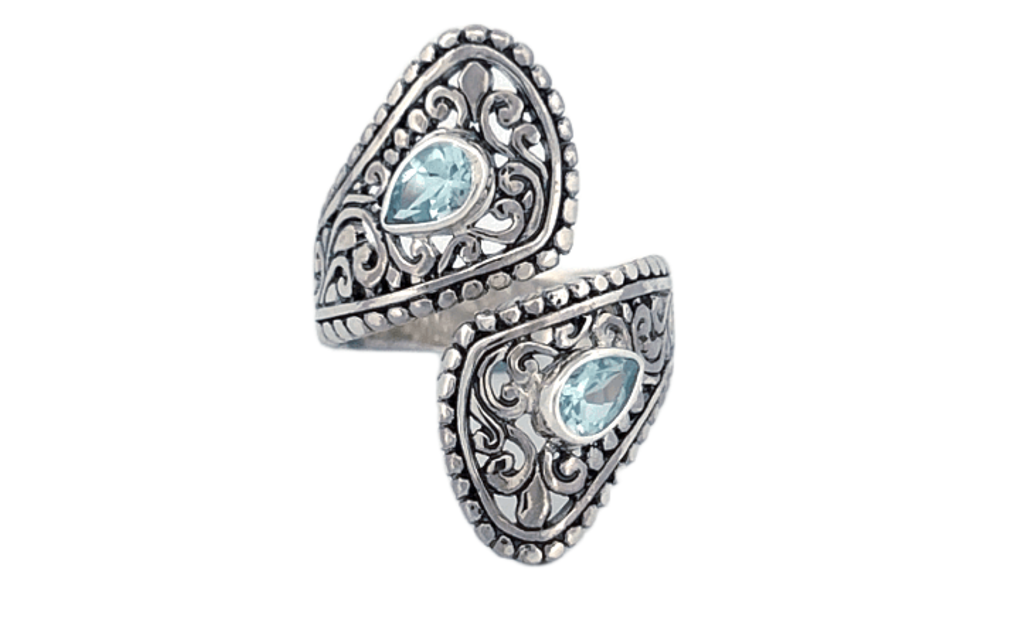 Sterling Silver Blue Topaz Ring – Dual Pear shape Filigree Design
