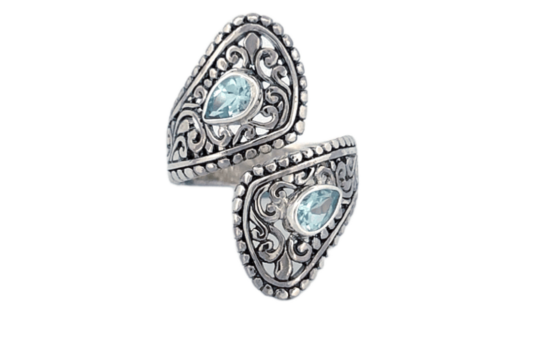 Sterling Silver Blue Topaz Ring – Dual Pear shape Filigree Design