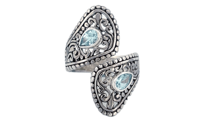Sterling Silver Blue Topaz Ring – Dual Pear shape Filigree Design