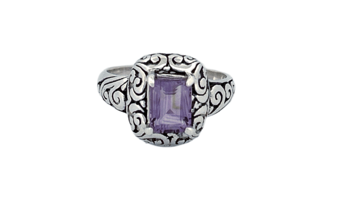 Sterling Silver Amethyst Ring – Ornate Square Design