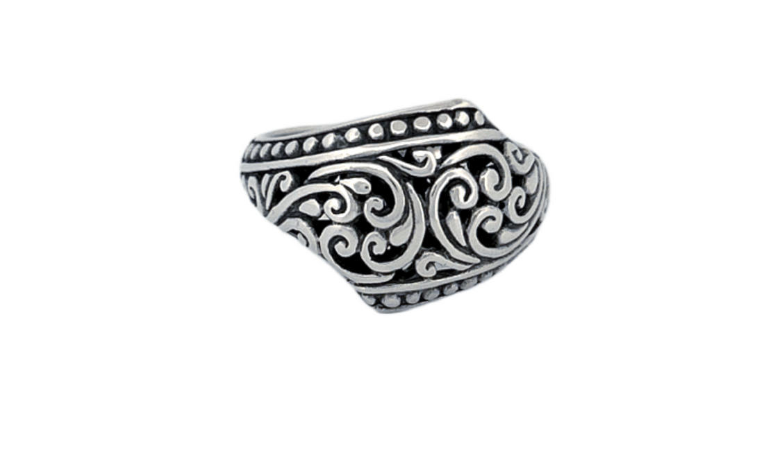 Sterling Silver Ornate Shield Ring – Swirl Design