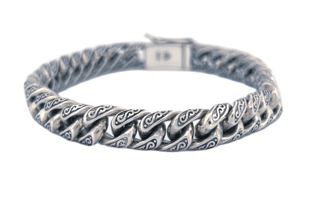 Hand-Carved Cuban Link Sterling Silver Bracelet – Handmade with Secure Box Clasp CB33