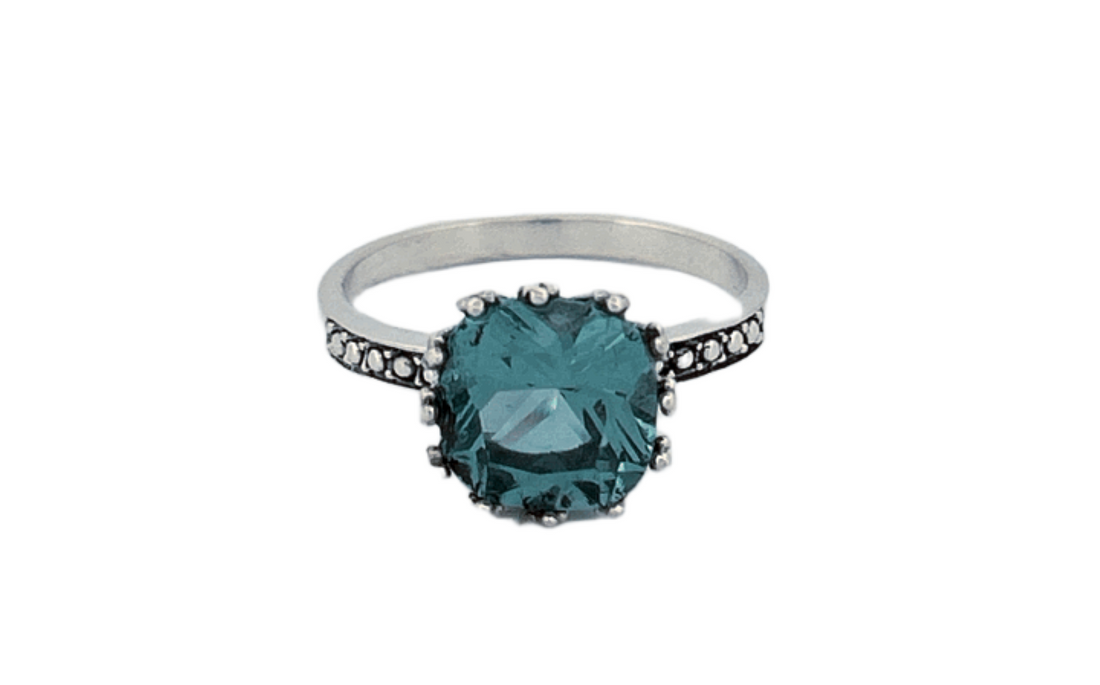 Sterling Silver Checker‑Cut Gemstone Rings – Teal CZ & Mystique Topaz