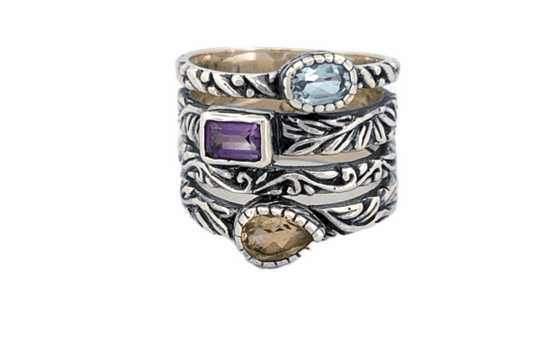 Sterling Silver Gemstone Stack Ring – Blue Topaz, Citrine & Amethyst