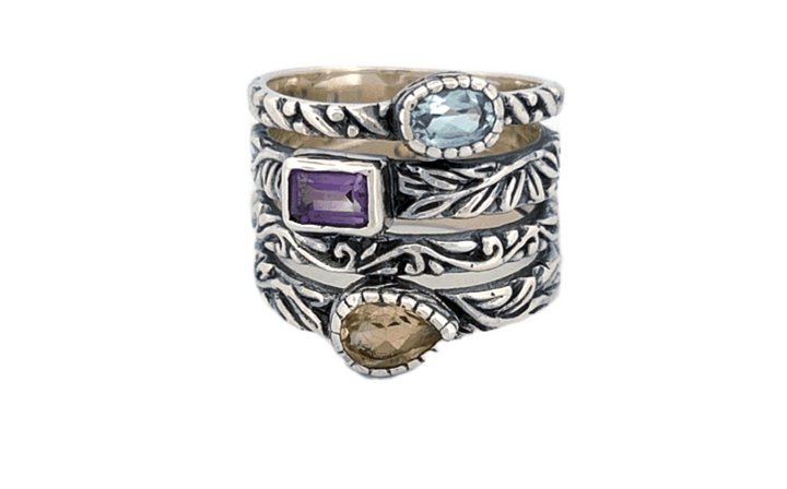Sterling Silver Gemstone Stack Ring – Blue Topaz, Citrine & Amethyst