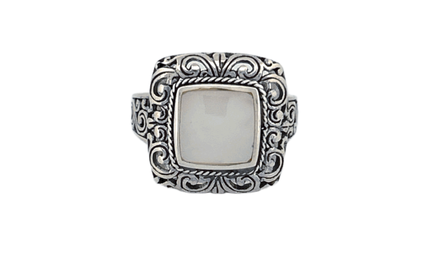 Sterling Silver Mother of Pearl Ring – Square Ornate Design