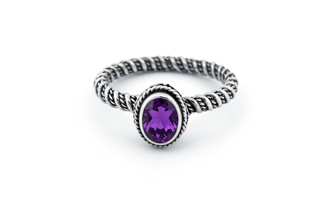 925 Sterling Silver Oval Amethyst Rope Ring-R56