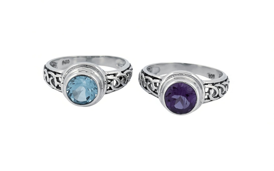 Hand Finished Sterling Silver Blue Topaz & Amethyst Celtic Ring-R72